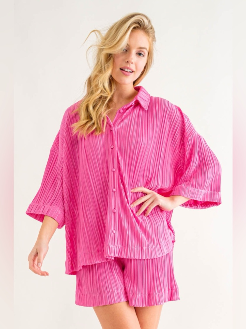 NWT! Pink Pleated Button-Up Shirts and Shorts Set
